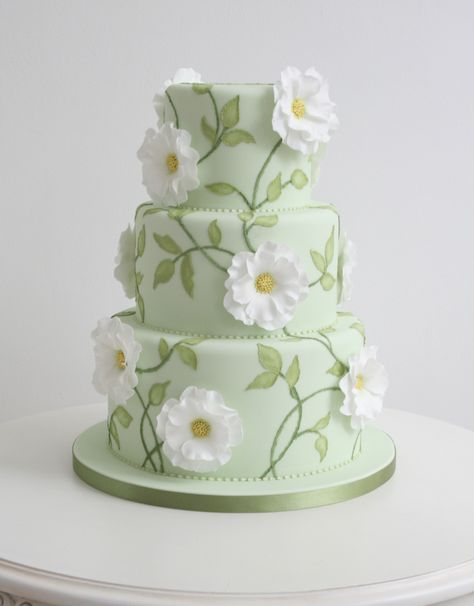 light green Light Green Cake Ideas, Light Green Birthday Cake, Green Cake With Flowers, Green Fondant Cake, Pastel Green Cake, Light Green Cake, London Cake, Green Cake, Tiered Cake