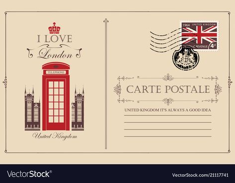 Flag Of United Kingdom, London Telephone Booth, Retro Postcard, Royal Coat Of Arms, London Postcard, United Kingdom Flag, Telephone Booth, Postage Stamp, Vintage Postcard