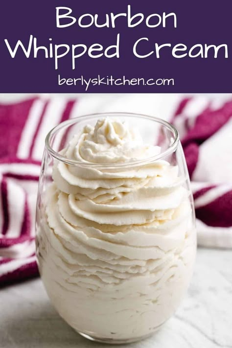 Our bourbon whipped cream is a sweet, boozy whipped topping that's perfect for Fall themed desserts. Best of all, it only uses 4 ingredients! #berlyskitchen Bourbon Whipped Cream Recipe, Whipped Topping Recipe, Bourbon Dessert, Fall Themed Desserts, Whipped Cream Recipes, Bourbon Whipped Cream, Mascarpone Whipped Cream, Whipped Cream Desserts, Flavored Whipped Cream