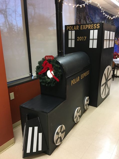 Polar Express train DIY Polar Express Cardboard Train, Polar Express Cubicle Decorations, Polar Express Display, Train Out Of Boxes, Polar Express Trunk Or Treat, Polar Express Parade Float Ideas, The Polar Express Decorations, Polar Express Train Diy, Cardboard Train Diy