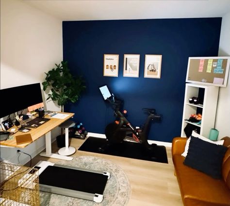 Home Office With Workout Space, Bedroom Workout Room, Office/workout Room, Bedroom Workout, Bedroom Workouts, Workout Room Ideas, Peloton Room, Office Yoga Room, Gym Layout