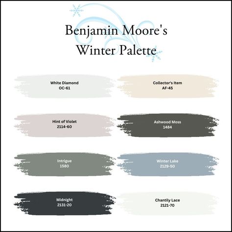 Snuggle up to the Benjamin Moore winter-inspired paint colour palette. What are winter colours? Cool, bright, warm, muted…winter colours are as sharp as shadows in the snow, or as soft as cashmere blankets. Explore Benjamin Moore's winter colour palette—from off-whites to comforting charcoals to forest greens—and bring winter hues into your home for a look you’ll love all year round. Drop by the Benjamin Moore showroom at the Brisbane Build and Design Centre to find colour swatches. Winter Colour Palette, Winter Colours, Painting And Decorating, Colour Swatches, Winter Lake, Winter Color Palette, Benjamin Moore Paint, Paint Color Palettes, Winter Inspired