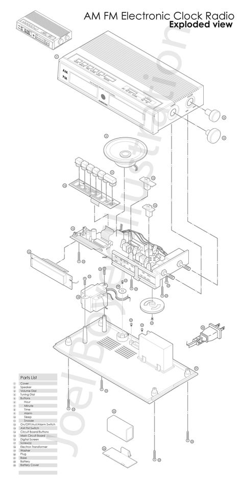 www.JoelCBoyer.com  Illustration Exploded view drawing Alarm Clock Radio AM FM Drawing Technical Exploded View Drawing, Explosion Drawing, Clock Drawing, View Drawing, Manual Design, Exploded View, Data Visualization Design, Product Manual, Technical Illustration