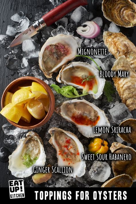 Oyster Charcuterie Board, Oyster Party Ideas, Oyster Plating, Minionette For Oysters, Oyster Recipes Raw, Sauces For Raw Oysters, How To Eat Oysters, Sauce For Oysters, Oyster Condiments