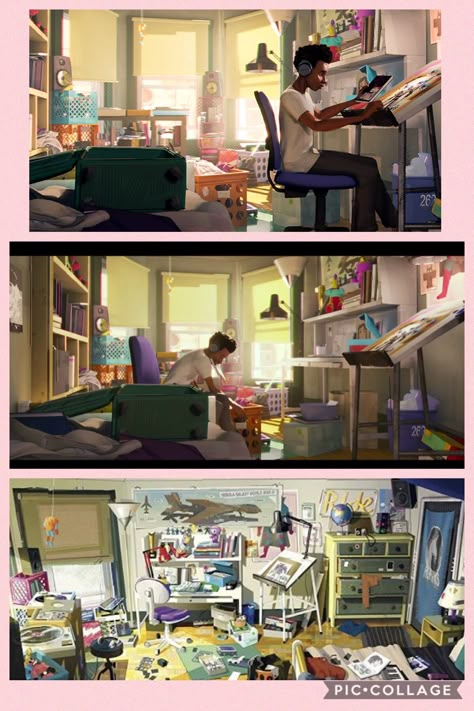 Spiderverse Concept Art Miles, Into The Spiderverse Environment, Spider Verse Bedroom, Spiderman Spiderverse Concept Art, Spiderverse Art Concept, Miles Room Spiderverse, Spider Verse Environment, Miles Morales Apartment, Spiderverse Background Concept Art