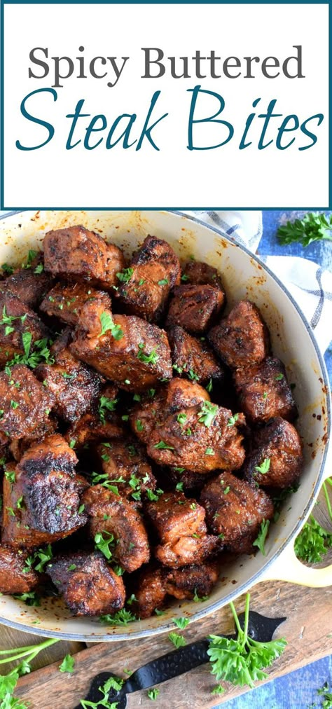 Buttered Steak Bites, Stew Meat Recipes Stove Top, Buttered Steak, Top Round Steak Recipes, Beef Stew Meat Recipes, Garlic Butter Steak Bites, Butter Steak Bites, Spicy Steak, Top Round Steak