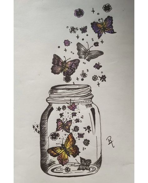 Butterfly In Jar Drawing, Butterflies In A Jar, Jar Drawing, Dream Jar, Bottle Tattoo, Bottle Drawing, Jar Art, Butterfly Drawing, Random Ideas