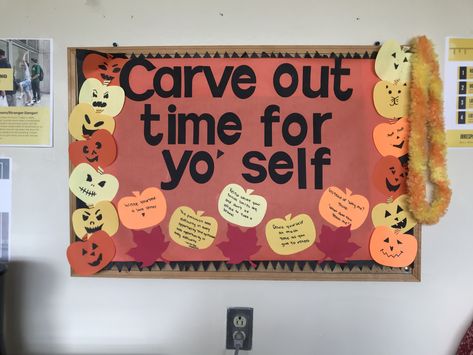 October Staff Bulletin Board, Halloween Self Care Bulletin Board, Academic Advising Bulletin Board, October Mental Health Bulletin Board, Science Bulletin Board Ideas High School, Self Care Bulletin Board College, School Bulletin Boards Highschool Aesthetic, Ra Dorm Bulletin Boards, Fall Bulletin Board Ideas College