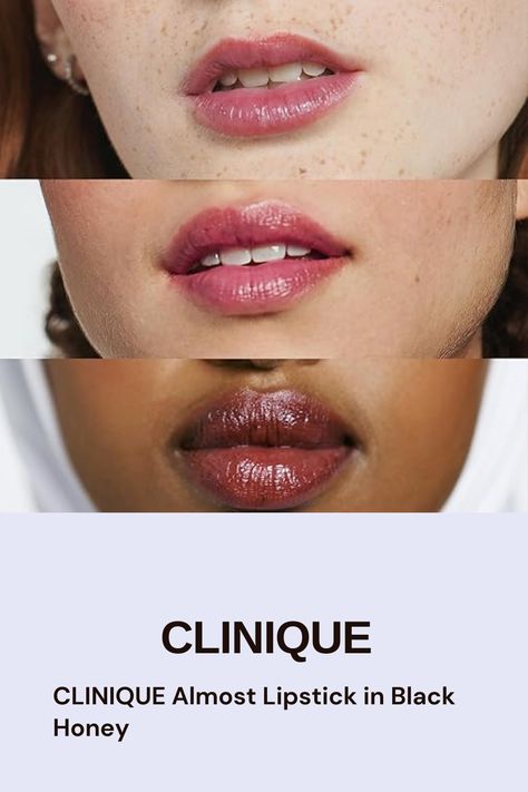 Image shows the Clinique Almost Lipstick in Black Honey worn on lips of three women of different skin tones. Clinique Black Honey Lipstick, Black Honey Clinique, Clinique Almost Lipstick, Clinique Black Honey, Honey Love, Tint Lipstick, Black Honey, The Tube, Tinted Lip Balm