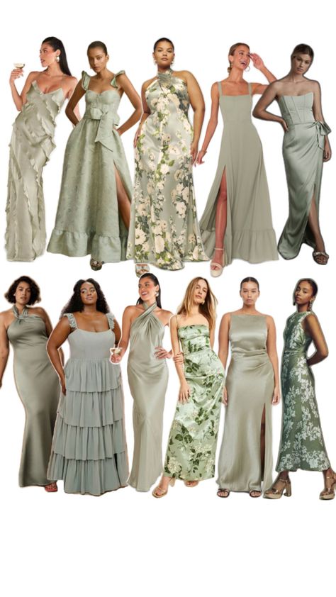 Castle Bridesmaid Dresses, Varied Green Bridesmaid Dresses, Sage Green Mix And Match Bridesmaids, Unique Bridesmaid Dresses Classy, Mixed Bridesmaid Dresses Spring, Sage Bridesmaid Dresses Mismatched, Mismatched Bridesmaid Dresses Spring, Pastel Green Bridesmaid Dress, Mismatched Green Bridesmaid Dresses