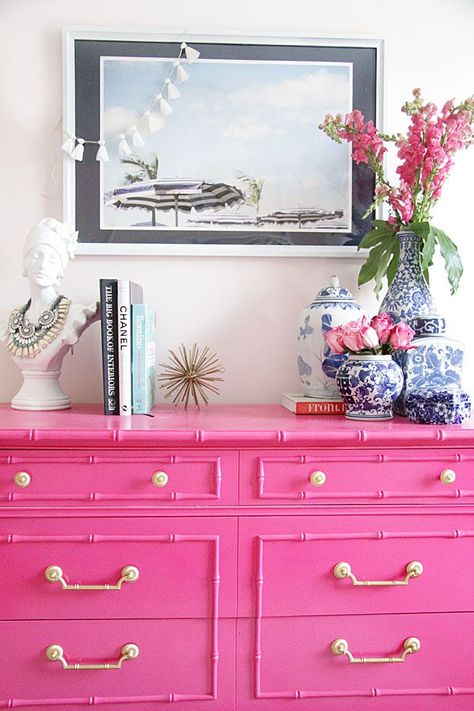 Refinished Bamboo Chest | Pink Chest | Bamboo Dresser | Hollywood Regency | Ginger Jar www.styleyoursenses.com Pink Dresser, Pink Bedrooms, Pink Bedroom, Retro Home Decor, Diy For Girls, Retro Home, Eclectic Decor, Interior Design Trends