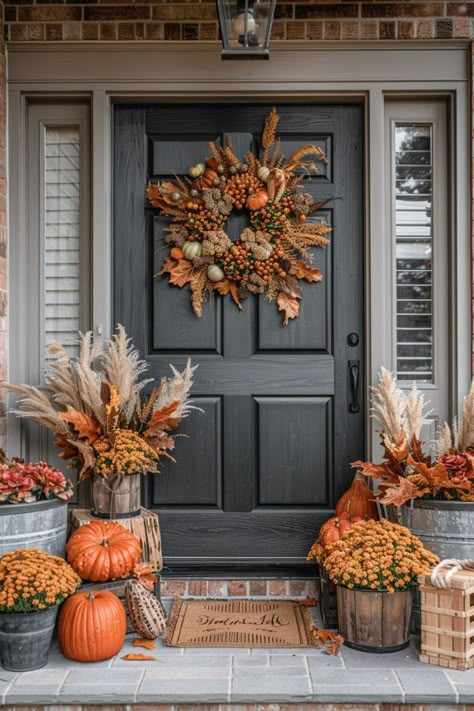 Fall Decor For Porch Entrance, Fall Porch Ideas 2024, Fall Front Porch Decor Ideas Easy Diy, Fall Porch Decorating Ideas Front Doors, Fall Decor For Front Porch, Front Porch Fall Decorating Ideas, Autumn Front Porch Decor, Fall Decor Porch, Fall Decor Front Porch