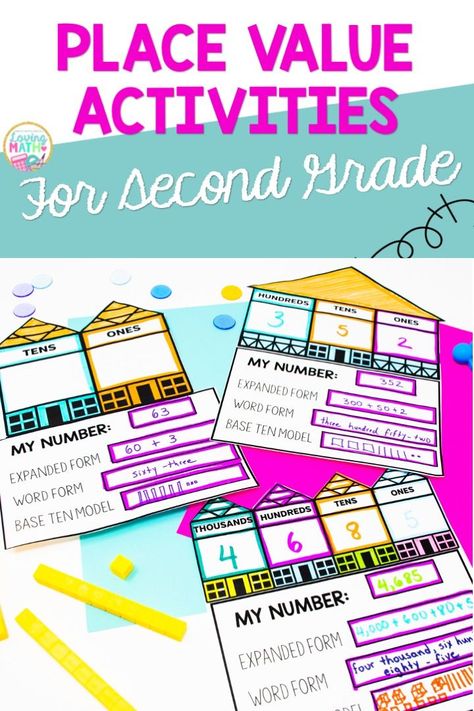 Introducing Place Value 2nd Grade, 4 Digit Place Value Activities, Place Value Bulletin Board 2nd Grade, Place Value Houses Printable, Place Value Craft 2nd Grade, Place Value Art Project, Place Value Second Grade, Place Value House, Place Value Bulletin Board