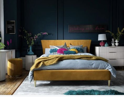 Yellow Bed Frame Bedroom Ideas, Yellow Headboard Bedroom Ideas, Bedroom Inspirations Summer, Yellow Headboard, Yellow Bed, Mustard Bedding, Bedroom Yellow, Sleigh Bed Frame, Velvet Bed Frame