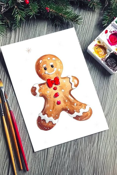 25 Watercolor Christmas Cards Ideas for DIY Holiday Inspiration Gingerbread Men Cards Merry Christmas, Christmas Card Ideas Gingerbread, Diy Christmas Cards Gingerbread Man, Cute Watercolour Christmas Cards, Gingerbread Man Art Project, Watercolour Inspiration Christmas, Christmas Card Gift Ideas, Watercolor Christmas Cards Ideas Simple Diy, Christmas Drawings Watercolor