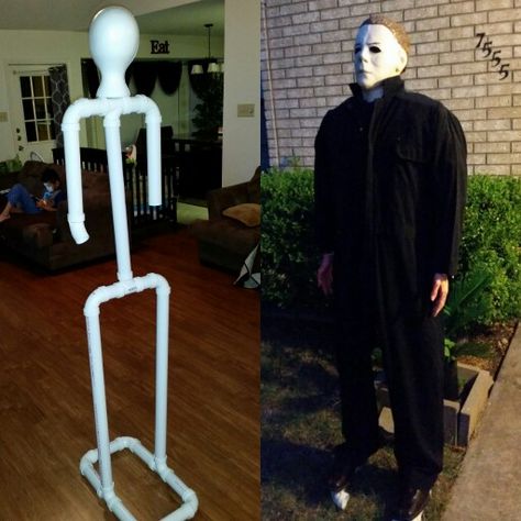 Halloween body frame - pvc pipes Michael Myers                                                                                                                                                                                 More Diy Halloween Dekoration, Makeup Zombie, Scary Halloween Decorations Outdoor, Haunted Trail, Halloween Party Decor Diy, Dekorasi Halloween, Uhyggelig Halloween, Halloween Diy Outdoor, Party Decor Diy