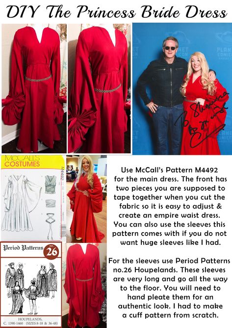 The patterns you will need to make your own Princess Buttercup dress from the movie "The Princess Bride". You will need McCall’s M4492 for the main dress &  Period Patterns no.26 for the sleeves. You can easily use the McCall's pattern for the whole dress. Princess Bride Buttercup Dress, Buttercup Dress Princess Bride, Princess Bride Red Dress, The Princess Bride Cosplay, Princess Bride Dress Buttercup, Princess Bride Inspired Outfit, Princess Buttercup Dress, Buttercup Princess Bride Costume, Disney Princess Cosplay Diy