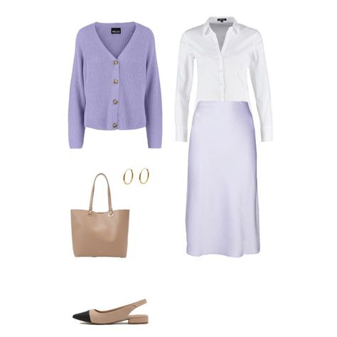 Lilac knit cardigan+white shirt+lilac satin midi skirt+sling-back ballerinas+camel tote bag+gold hop earrings. Spring Workwear Outfit 2022 Lilac Skirt Outfits, Lilac Cardigan Outfit, Capsule Wardrobe 2020, Blue Skirt Outfits, Spring Workwear, Grey Lace Top, Hop Earrings, Lavender Cardigan, Lilac Cardigan