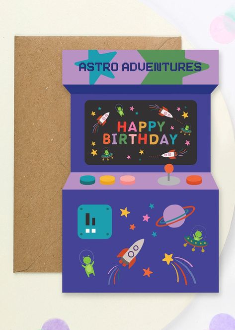 Embark on a journey of fun and nostalgia with our exciting "Astro Adventures" Arcade Game-Shaped Birthday Card. This unique greeting card, designed to resemble a classic arcade game machine, captures the thrill of space exploration with its vibrant colors and intricate details. Perfect for gamers and space enthusiasts alike, it's sure to spark joy and excitement for anyone celebrating their special day. Crafted from high-quality, FSC Certified card, it's a thoughtful and fun choice for spreading Arcade Birthday Party, Arcade Birthday, Bando Planner, Birthday Card Online, Arcade Game Machines, Game Birthday, Birthday Cheers, Dog Greeting Cards, Game Machine