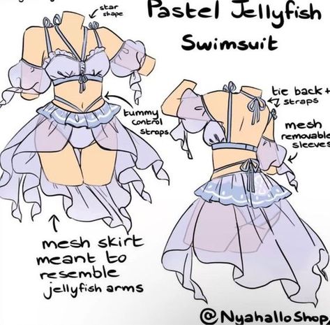 Mha Swimsuit, Drawing Swimsuit, Pastel Jellyfish, Clothing Sketches, Art Outfits, Dress Design Drawing, Clothing Design Sketches, Drawing Anime Clothes, Dress Design Sketches