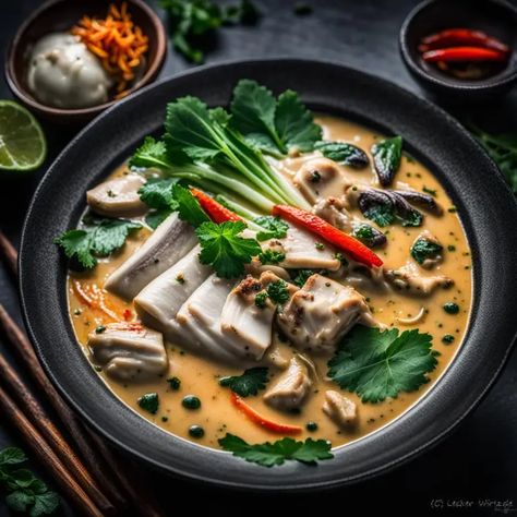 Tom Kha Gai – asiatische Hühnersuppe mit Kokosmilch. Es ist eine köstliche thailändische Suppe, die für ihre reiche, cremige Konsistenz und ihren einzigartigen Geschmack bekannt ist. Der Name „Tom Kha Gai“ bedeutet wörtlich übersetzt „Huhn galangal Suppe“ – „Tom“ steht für Suppe, „Kha“ für Galgant (eine Ingwerart) und „Gai“ für Huhn. Tom Kha Kai, Tom Kha Gai, Tom Kha, Thailand Food, Thailand