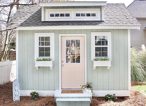 How To Decorate Shed Exterior, She Shed For Reading, She’d Door Ideas, She Shed Interior Paint Colors, Decorating The Outside Of A Shed, Colorful Shed Ideas, Cute Shed Colors, Office Sheds Backyard Interior, She Shed Workshop Craft Rooms