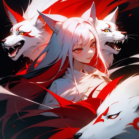 Kitsune Girl Art, Anime Kitsune Female, Kitsune Pfp, Kitsune Female, Kitsune Woman, Jester Archetype, Red Kitsune, White Kitsune, Anime Kitsune