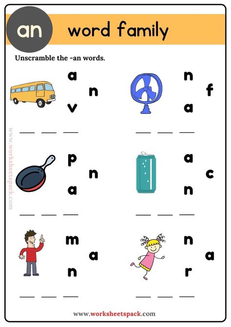 An Word Family - worksheetspack Word Family An Worksheets, An Word Family Worksheet, An Family Words Worksheets, Am Family Words Worksheet, An Words Worksheets, At Words Worksheets, Blending Letters, An Words, An Word Family