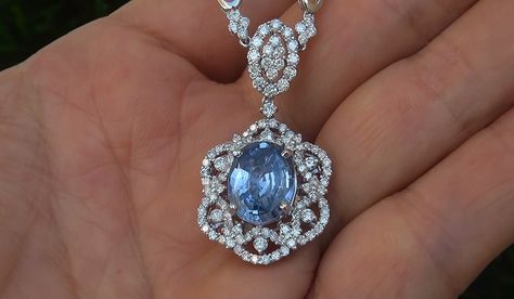 GIA 7.78 ct NO HEAT Natural VVS Blue Sapphire Diamond 18k White Gold Necklace Pandent Design, Blue Sapphire Diamond Pendant, Pearl Pendant Earrings, Sapphire Diamond Pendant, New Gold Jewellery Designs, Pendant Sets, Diamond Pendant Sets, Nouveau Jewelry, White Gold Necklace