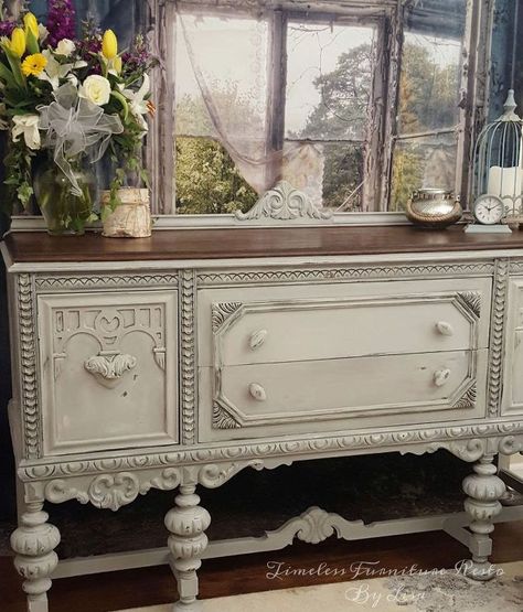 plain old brown jacobean buffet to beautiful buffet, chalk paint, painted furniture Jacobean Buffet, Muebles Shabby Chic, Painted Buffet, Shabby Chic Dresser, White Dresser, Furniture Rehab, Distressed Furniture, Refurbished Furniture, Shabby Chic Homes