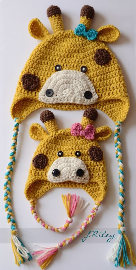 Giraffe hats Giraffe Crochet Hat, Crochet Character Hats Free Pattern Kids, Crochet Animal Hats Free Patterns, Giraffe Spots, Giraffe Hat, Pola Topi, Crochet Giraffe Pattern, Crochet Character Hats, Crochet Animal Hats