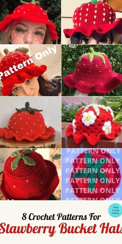 Crochet Strawberry Bucket Hat Free Pattern, Easy Crochet Strawberry, Strawberry Hat Crochet Pattern, Crochet Fruit Hat Pattern Free, Frilly Bucket Hat Crochet Pattern, Crochet Bucket Hat Strawberry, Crochet Strawberry Dress, Crochet Bandana Strawberry, Strawberry Crochet Hat Pattern