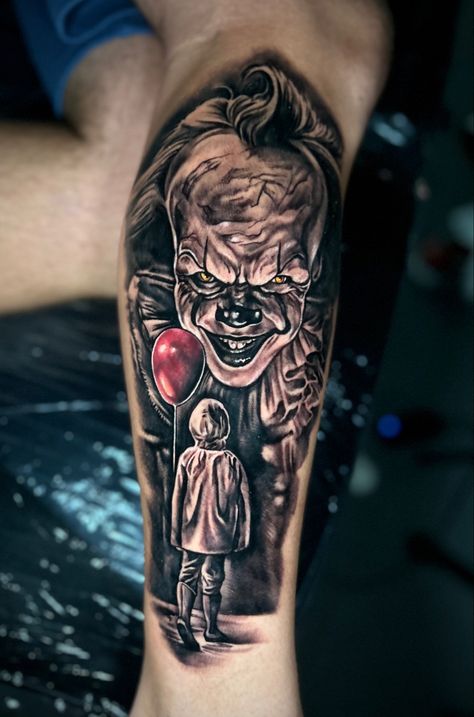 Horror movie tattoo made on calf in one session by blef.tattoo #tattoo #ittattoo #pennywise #pennywisetattoo #pennywisetheclown #realismtattoo #blackandgraytattoo #warsaw #warszawa #hamburg #calftattoo It Tattoo Pennywise, Penny Wise Tattoo, Pennywise Tattoo Design, Terrifier Tattoo, Jigsaw Tattoo, Hamburg Tattoo, Pennywise Tattoo, Horror Sleeve, It Tattoo