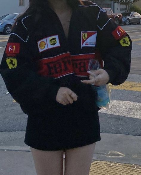 will be available soon in our website...visit us to make sure u notice when are we opening🤐👀 Ferrari Jacket Outfit, Racing Jacket Outfit, Race Car Jacket, Black Ferrari, Ferrari Vintage, Ferrari Girl, Vintage Racing Jacket, Ferrari Jacket, Race Outfit