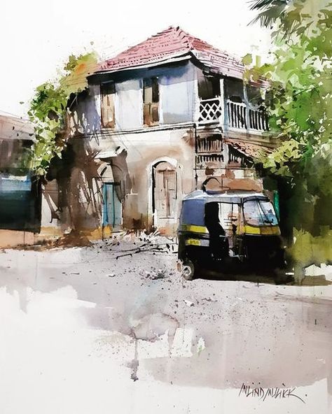 Instagram Milind Mulick, Village Landscape, Watercolor Scenery, Travel Art Journal, Watercolor Art Landscape, Landscape Painting Tutorial, Watercolor Blog, Painting Reference, Dance Photography Poses