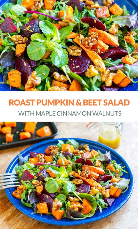 Roast Pumpkin  Beet Salad With Maple Cinnamon Glazed Walnuts. This can be served as a main or a side dish and is gluten-free, paleo, and vegan-friendly. #beets #pumpkin #salad #salads #walnuts #butternutsquash #kabochasquash #paleo #vegan #glutenfree Salads With Pumpkin, Roasted Salads, Pumpkin Salad Recipes, Xmas Salads, Aip Salad, Autumn Veggies, Dijon Mustard Dressing, Xmas Foods, Roast Pumpkin Salad