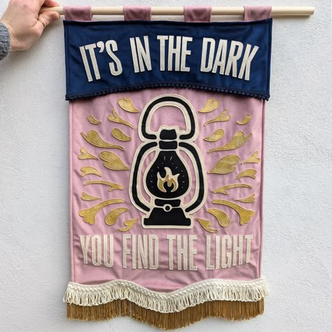 'It's in the dark you find the light' - one of a kind (colour ways & fringing never repeated) layered velvet banner with screen printed, mono printed, appliqué details & fringing.  * Printed by hand with eco friendly water based ink  * The banner measures approximately (h) 645mm (including hanging tabs) (w) 412mm and is supplied with a dowel ready for hanging This is a very small passion project (I'm also a working mum of twins!) but if you have any Qs please send me a message & we'll try & get it sorted 😊 thank you so much for stopping by & supporting a dream!  www.instagram.com/jan.uaryblues to follow along with new prints & banners Shower Aesthetic Ideas, Gothic Greenhouse, Bridal Shower Aesthetic, Camp Banner, Nook Makeover, Vintage Banners, Modern Signage, Funny Banner, Cloth Banner