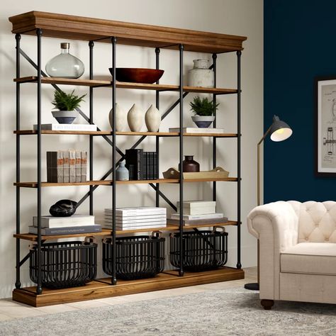 Greyleigh™ Nikolas 84.25'' H Etagere Bookcase & Reviews | Wayfair Industrial Bookcase, Bookcase Wood, Winery Tasting Room, Industrial Bookcases, Library Bookcase, Unique Furniture Pieces, Regal Design, Bookshelf Design, Etagere Bookcase