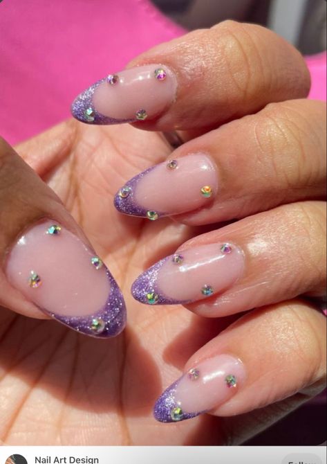 Glitter French Nails With Rhinestones, Purple French Tip With Rhinestones, Mail Art With Gems, Purple French Tip Nails With Rhinestones, Bejeweled French Nails, Gel Nails With Gems Rhinestones, Purple French Tip With Gems, Purple Nails With Gems Rhinestones, Colourful Gem Nails