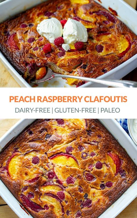 Great for brunch or dessert, this Peach & Raspberry Clafoutis is super easy, light and delicious. (Gluten-free, Dairy-free, Paleo Recipe) #clafoutis #peach #raspberries #glutenfree #dairyfree #paleo Raspberry Clafoutis, Baked Fruit Desserts, Traditional French Desserts, Mat Inspiration, Paleo Breakfasts, Clafoutis Recipes, Paleo Recipies, Peach Raspberry, Peach Recipes