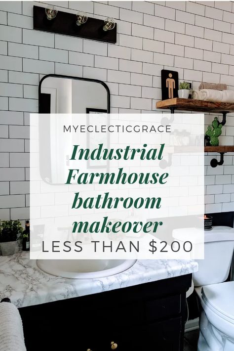 Farmhouse Bathroom Makeover, Industrial Farmhouse Bathroom, Masculine Bathroom, Farmhouse Bathroom Design, Industrial Style Bathroom, Eclectic Bathroom, Diy Backsplash, Bathroom Farmhouse Style, Industrial Bathroom