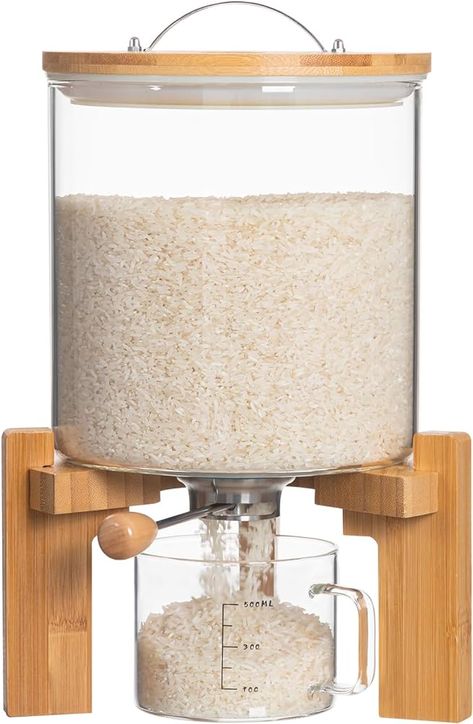 Amazon.com: HBlife Glass Rice Dispenser with Wooden Stand Flour and Cereal Container with Glass Measuring Cup Pantry Food Organization Storage Bin with Airtight Bamboo Lid, 5L: Home & Kitchen Pantry Food Organization, Food Organization, Rice Dispenser, Pantry Food, Cereal Containers, Cereal Dispenser, Glass Measuring Cup, Organization Storage, Recipe Organization