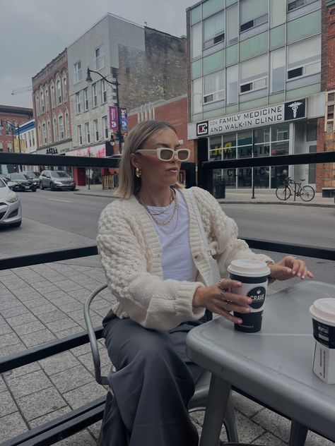 Knitted sweater, trousers, basic white tea, gold jewlery, white chunky sneakers, white sunnies Outfit For Coffee Date, White Sunnies, Cardigan Outfit Spring, Knit Cardigan Outfit, White Chunky Sneakers, Chunky Cable Knit Cardigan, Fashion Trousers, Fall Transition, Chunky Knit Cardigan