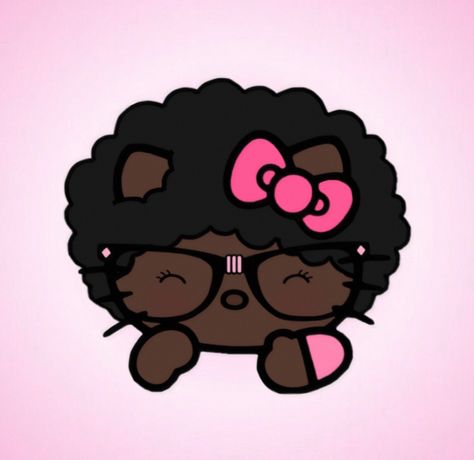 Black Hello Kitty With Glasses, Light Skin Hello Kitty, Kitty Pfp Aesthetic, Hello Kitty Pfp Aesthetic, Afro Hello Kitty, Hello Kitty Profile Pic, Black Hello Kitty Pfp, Afro Kitty, Hello Kitty Profile