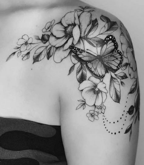 Tattoos Latin, Tattoos Arabic, Shoulder Piece Tattoo, Mehndi Tattoos, Butterfly Tattoos Images, Front Shoulder Tattoos, Butterfly With Flowers Tattoo, Shoulder Cap Tattoo, Sewing Tattoos