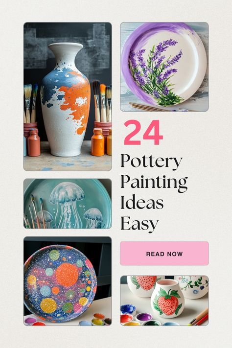 A collage of pottery painting designs including jellyfish, lavender, strawberry, galaxy, and abstract patterns, showcasing easy and inspiring pottery painting ideas. Paint Ideas For Pottery, Cool Ceramic Painting Ideas, Diy Clay Painting, Paint A Plate Ideas Easy, Pottery Painting Ideas Beginners, Pottery Painting Design Ideas, Crockadoodle Ideas Pottery Painting, Easy Bowl Painting Ideas, Diy Painted Pottery Ideas