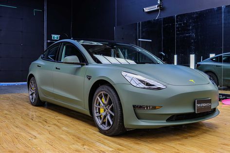 Wrapped Tesla Model 3, Model 3 Wrap, Tesla Model 3 Wrap, Tesla Wrap, Car Wraps, Car Wrap Design, Matte Green, Green Wrap, Tesla Car