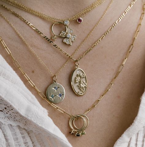 layered necklaces on a neck. yellow gold with charms and birthstones. Citrine Birthstone, Customized Necklace, Baby Ring, Peridot Birthstone, Aquamarine Birthstone, Garnet Birthstone, Pearl Birthstone, Amethyst Birthstone, Sapphire Birthstone