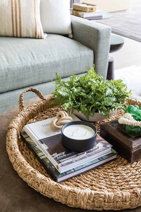 Love this beautiful woven basket tray, decorated with home accents and decor on the coffee table - living room decor - living room table - coastal decor coastal style - pure salt interiors Coffee Table Decor Living Room, Pure Salt Interiors, Pure Salt, Tafel Decor, Apartment Decoration, Table Decor Living Room, Coffee Table Styling, Interior Modern, Diy Furniture Table