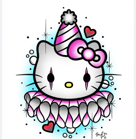 Clown Hello Kitty, Hello Kitty Print, Hello Kitty Wallpaper Hd, Petit Tattoo, Kawaii Tattoo, Spooky Tattoos, Cute Sewing Projects, Hello Kitty Drawing, Hello Kitty Halloween